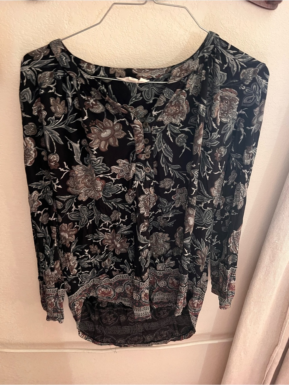 Lucky Brand Black Floral Henley Blouse